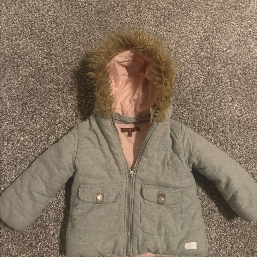 7 For All Mankind Gray Puffer Jacket with Faux Fur Hood